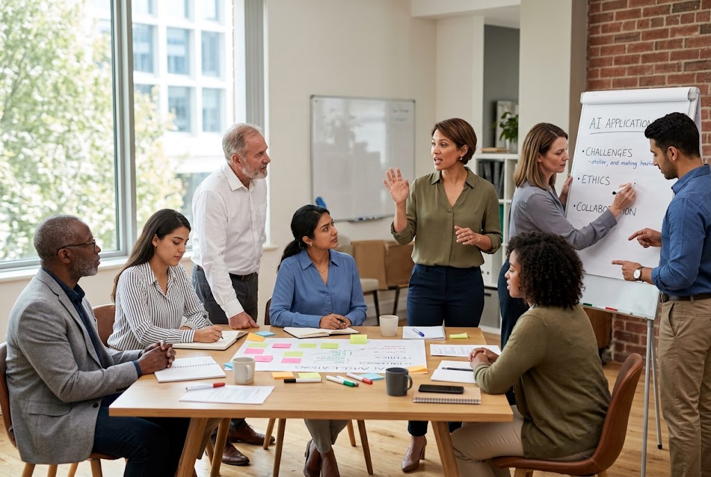 Atelier de travail sur l’intelligence artificielle avec des équipes métier, autour d’une table de travail