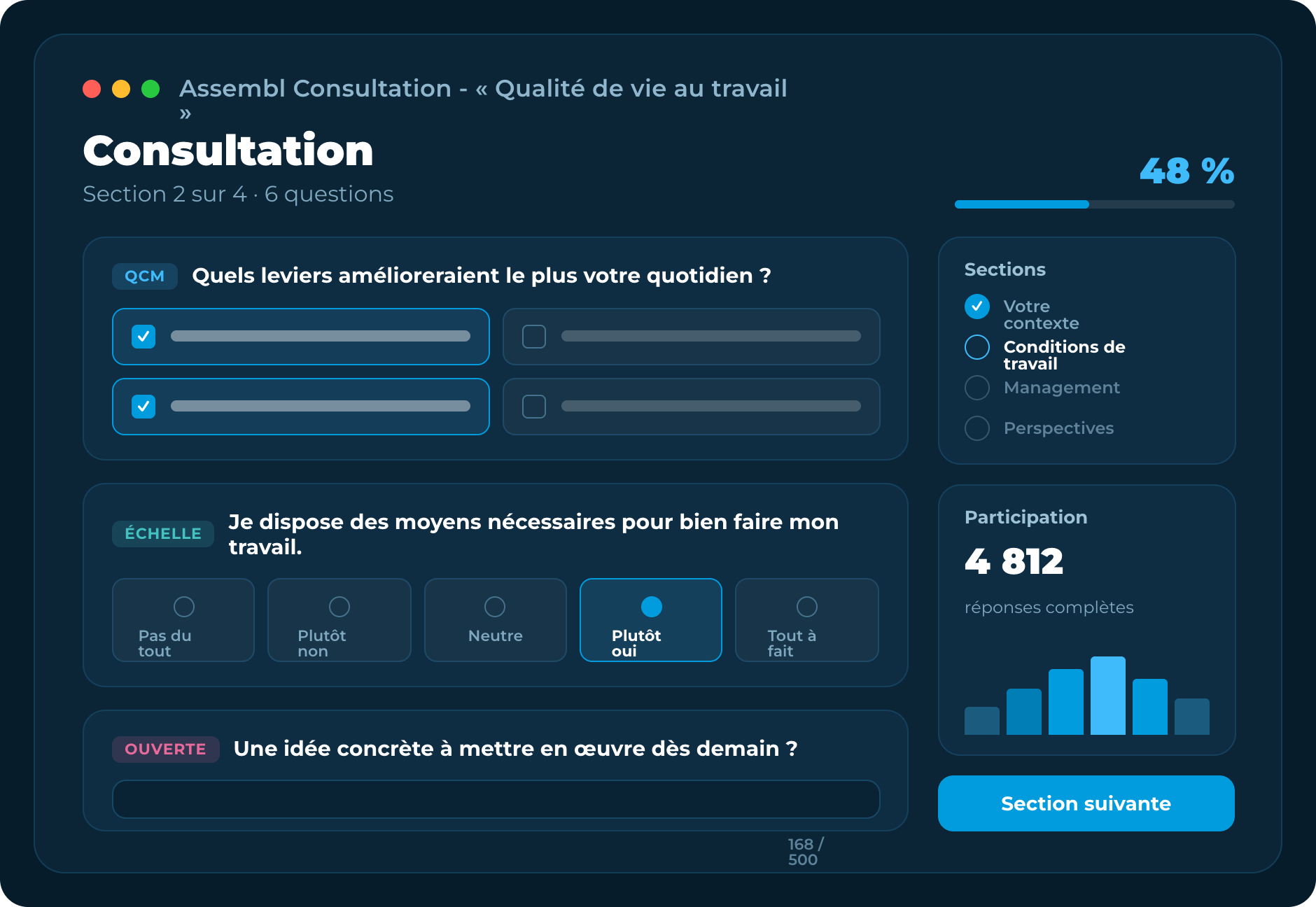 Assembl Consultation — un questionnaire en cours, avec sa progression et le nombre de réponses complètes