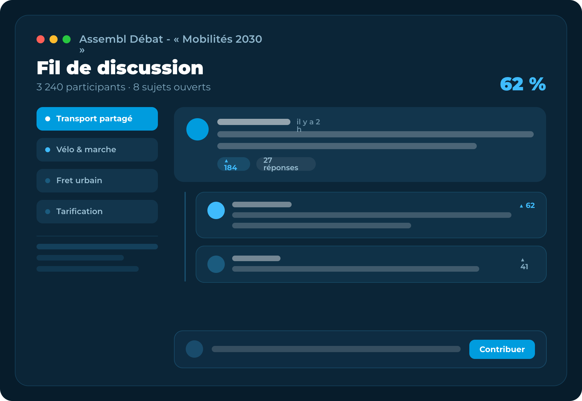 Assembl Concertation — un fil de discussion par sujet, avec votes et réponses imbriquées