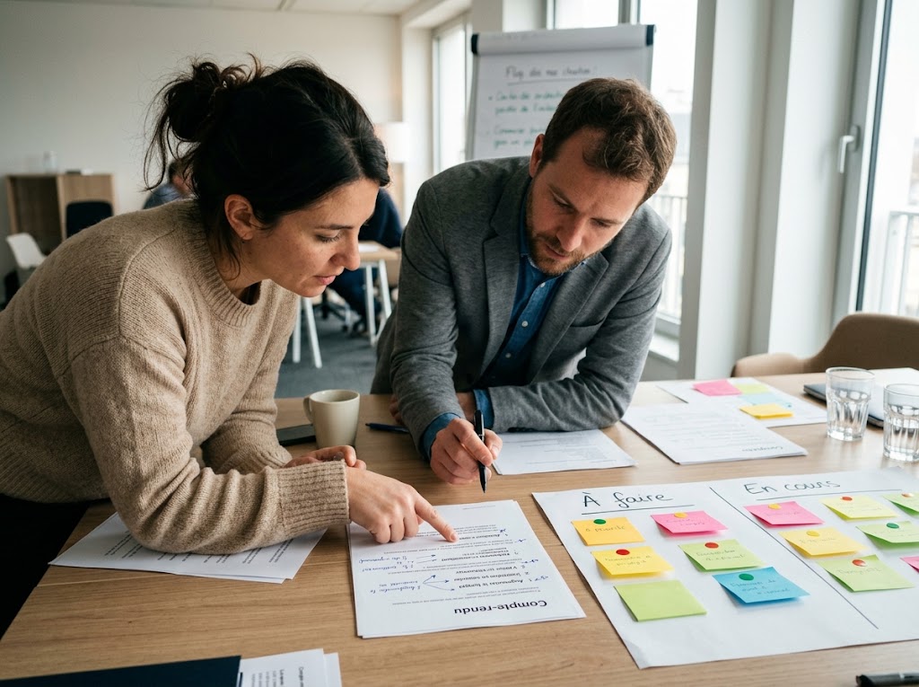 Compte-rendu annoté et post-its classés par priorité sur une table de travail, en fin d’atelier
